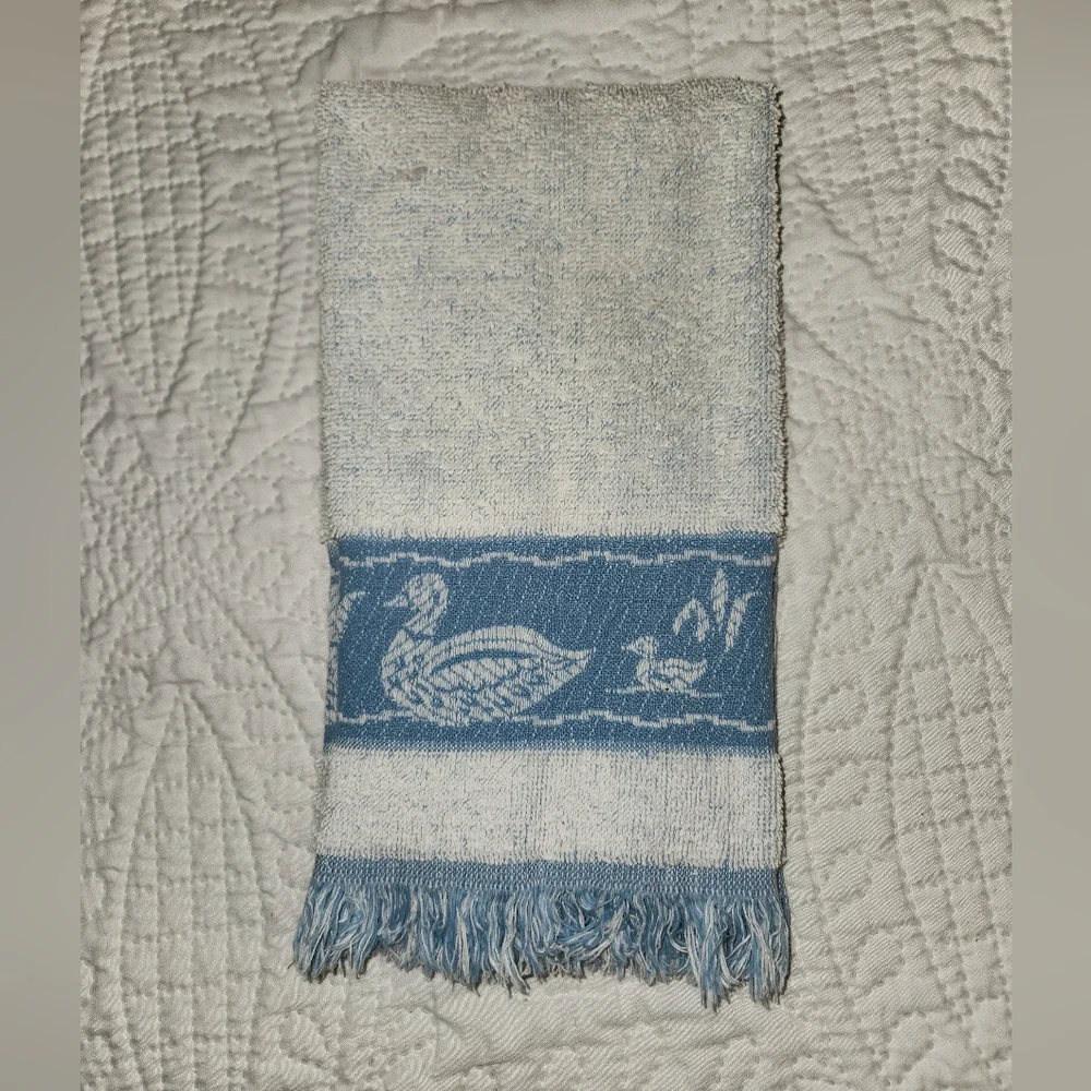 Vintage White & Blue Duck Hand Towel Fringed ends by Cannon
